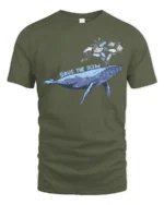 Whimsical Whale Save The Ocean Marine Pollution Graphic Tshirt - military green t-shirt on white background