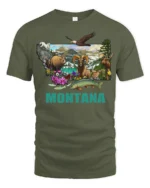 Montana State Map Wildlife Nature Adventure Graphic Tshirt - military green t-shirt on white background