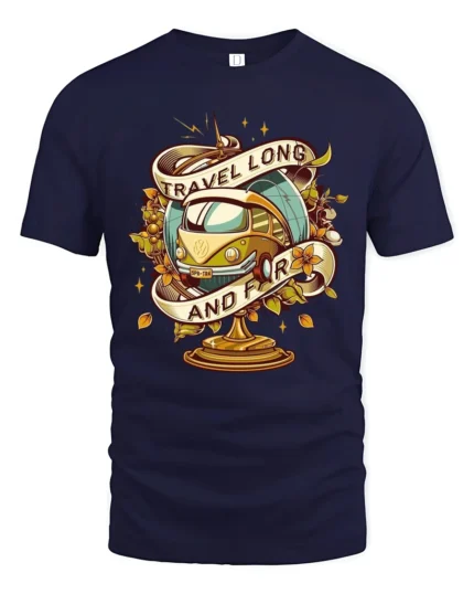 Vintage Travel Long And Far Van Globe Graphic Soft Tshirt - navy t-shirt on white background