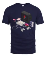 Retro Pixel Tech Console And Walkman Isometric Graphic Tshirt - navy t-shirt on white background