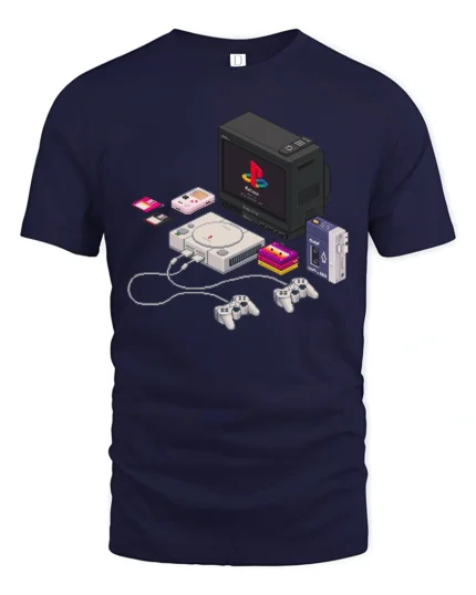 Retro Pixel Tech Console And Walkman Isometric Graphic Tshirt - navy t-shirt on white background