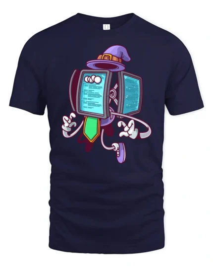 Coding Wizard Robot Purple Hat Programming Soft Tshirt - navy t-shirt on white background