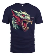 Savage Beast Wolf Snarling Red Eye Graphic Horror Tshirt - navy t-shirt on white background