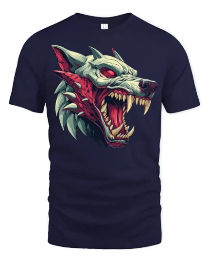 Savage Beast Wolf Snarling Red Eye Graphic Horror Tshirt - navy t-shirt on white background