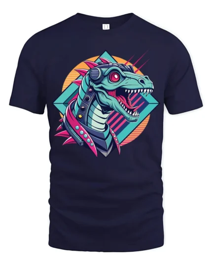 Cybernetic Mecha T Rex Dinosaur Retro Sci Fi Graphic Tee - navy t-shirt on white background