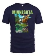 Discover Minnesota State Animal Collage Explorer Soft Tshirt - navy t-shirt on white background