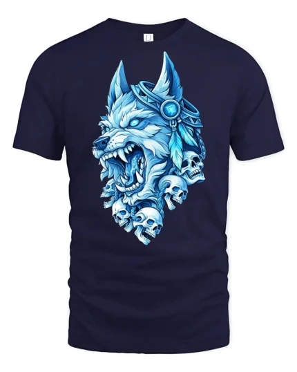 Blue Frost Wolf King With Skulls Midnight Graphic Tshirt - navy t-shirt on white background