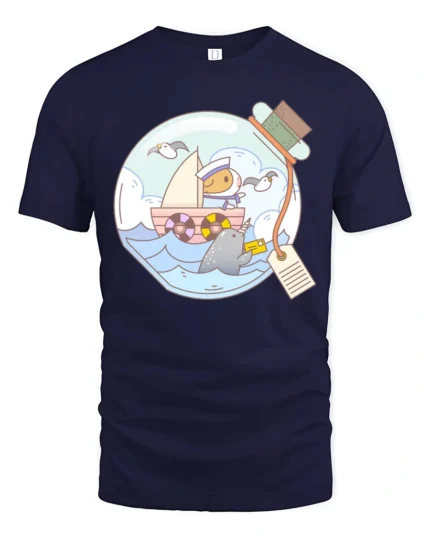 Whimsical Guinea Pig Sailor Narwhal Message Bottle Tshirt - navy t-shirt on white background