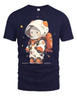 Cute Chibi Space Explorer Orange Accent Graphic Tshirt - navy t-shirt on white background