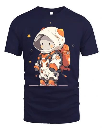 Cute Chibi Space Explorer Orange Accent Graphic Tshirt - navy t-shirt on white background