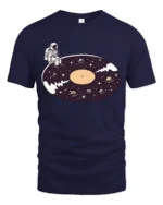 Surreal Astronaut Vinyl Record Space Galaxy Graphic Tshirt - navy t-shirt on white background