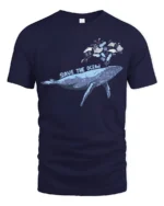 Whimsical Whale Save The Ocean Marine Pollution Graphic Tshirt - navy t-shirt on white background