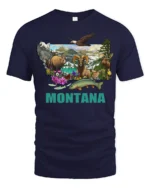 Montana State Map Wildlife Nature Adventure Graphic Tshirt - navy t-shirt on white background