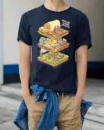Surreal Isometric Office School Life Layers Graphic Tshirt - model wearing navy tee with hands in pockets