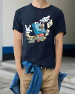 Retro Floppy Disk Windows 98 Cartoon Character Graphic Tee - model wearing navy tee with hands in pockets