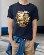 Vintage Travel Long And Far Van Globe Graphic Soft Tshirt - model wearing navy tee with hands in pockets