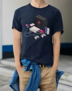Retro Pixel Tech Console And Walkman Isometric Graphic Tshirt - model wearing navy tee with hands in pockets
