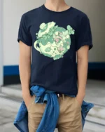 Aesthetic Teacup Terrarium Nature Explorer Graphic Soft Tee - model wearing navy tee with hands in pockets