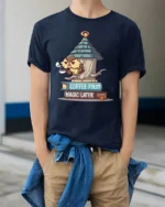 Funny Grumpy Owl Coffee First Magic Later Novelty Tshirt - model wearing navy tee with hands in pockets