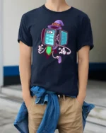 Coding Wizard Robot Purple Hat Programming Soft Tshirt - model wearing navy tee with hands in pockets