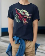 Savage Beast Wolf Snarling Red Eye Graphic Horror Tshirt - model wearing navy tee with hands in pockets
