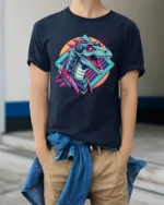 Cybernetic Mecha T Rex Dinosaur Retro Sci Fi Graphic Tee - model wearing navy tee with hands in pockets