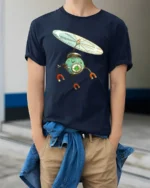 Hovering Magnetic Robot Eye Propeller Science Fiction Tshirt - model wearing navy tee with hands in pockets
