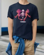Rainbow Heart Skeleton Pulling Skin Apart Graphic Tshirt - model wearing navy tee with hands in pockets