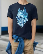 Blue Frost Wolf King With Skulls Midnight Graphic Tshirt - model wearing navy tee with hands in pockets