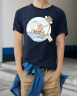Whimsical Guinea Pig Sailor Narwhal Message Bottle Tshirt - model wearing navy tee with hands in pockets