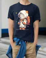 Cute Chibi Space Explorer Orange Accent Graphic Tshirt - model wearing navy tee with hands in pockets