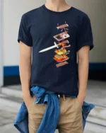 Epic Retro Handheld Console Sword Pierced Graphic Tshirt - model wearing navy tee with hands in pockets