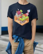 Isometric Superhero Farm Secret Spaceship Graphic Tshirt - model wearing navy tee with hands in pockets