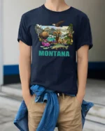 Montana State Map Wildlife Nature Adventure Graphic Tshirt - model wearing navy tee with hands in pockets