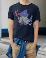 Funny Shark Sorcerer Deep Sea Magic Adventure Graphic Tshirt - model wearing navy tee with hands in pockets