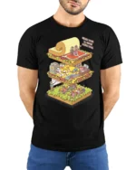 Surreal Isometric Office School Life Layers Graphic Tshirt - model wearing black tee with hands behind back