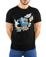 Retro Floppy Disk Windows 98 Cartoon Character Graphic Tee - model wearing black tee with hands behind back