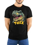 Cool Roaring Tyrannosaurus Rex Jurassic Legend Soft Tshirt - model wearing black tee with hands behind back