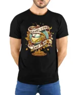 Vintage Travel Long And Far Van Globe Graphic Soft Tshirt - model wearing black tee with hands behind back