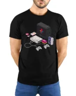 Retro Pixel Tech Console And Walkman Isometric Graphic Tshirt - model wearing black tee with hands behind back