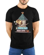 Funny Grumpy Owl Coffee First Magic Later Novelty Tshirt - model wearing black tee with hands behind back