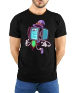 Coding Wizard Robot Purple Hat Programming Soft Tshirt - model wearing black tee with hands behind back
