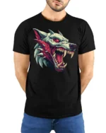 Savage Beast Wolf Snarling Red Eye Graphic Horror Tshirt - model wearing black tee with hands behind back