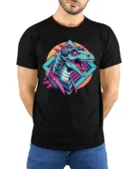 Cybernetic Mecha T Rex Dinosaur Retro Sci Fi Graphic Tee - model wearing black tee with hands behind back