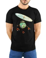 Hovering Magnetic Robot Eye Propeller Science Fiction Tshirt - model wearing black tee with hands behind back