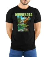 Discover Minnesota State Animal Collage Explorer Soft Tshirt - model wearing black tee with hands behind back