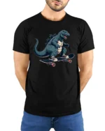 Radical Skater Kaiju Monster King Skateboard Soft Tshirt - model wearing black tee with hands behind back