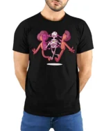 Rainbow Heart Skeleton Pulling Skin Apart Graphic Tshirt - model wearing black tee with hands behind back