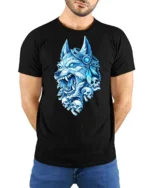 Blue Frost Wolf King With Skulls Midnight Graphic Tshirt - model wearing black tee with hands behind back