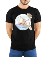 Whimsical Guinea Pig Sailor Narwhal Message Bottle Tshirt - model wearing black tee with hands behind back